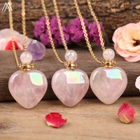 natural aura pink roses quartz heart perfume bottle pendant necklace for women titanium ab crystal stone essential oil bottle