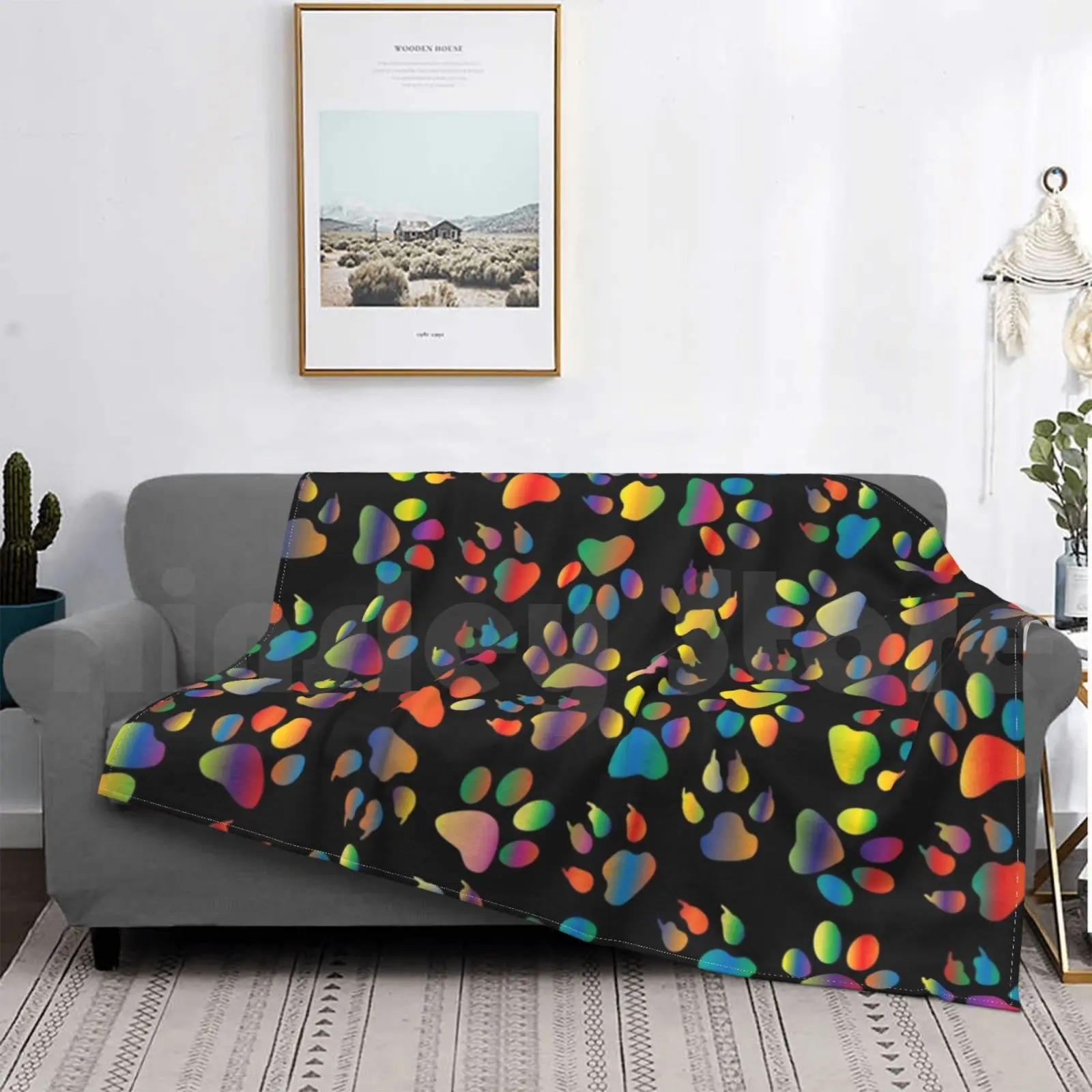 Модное неоновое одеяло Pawprint на черном фоне под заказ 1691 фотокошка котенок щенок