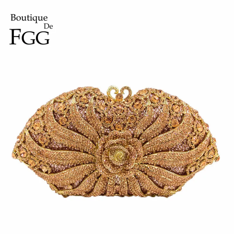 Женский клатч с цветами Boutique De FGG цвета шампанского кристаллами вечерняя сумочка
