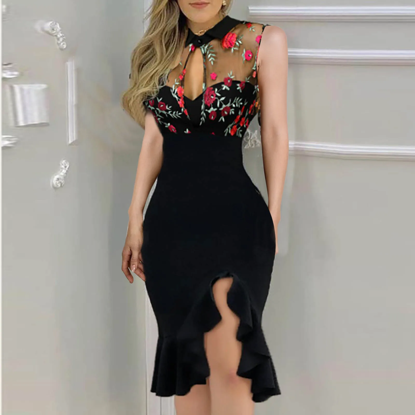 Облегающее платье с цветочной вышивкой женские прозрачные сетчатые сексуальные