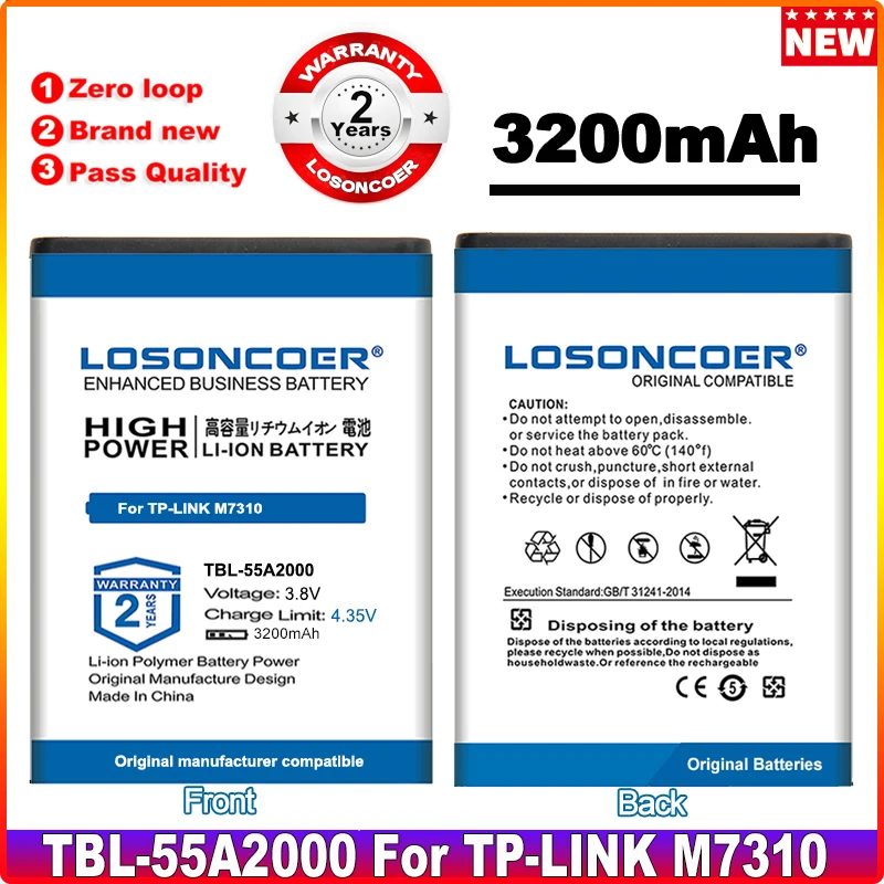 

LOSONCOER 0 Cycle 100% New TBL-55A2000 3200mAh Battery for TP-LINK M7310 wifi mifi Batteries