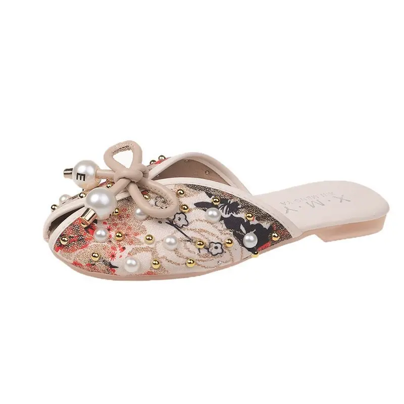 

Flat Shoes Female Womens Slippers Outdoor Cover Toe Slides String Bead Pantofle Fashion Shallow Jelly Flip Flops Low Butterfly-K