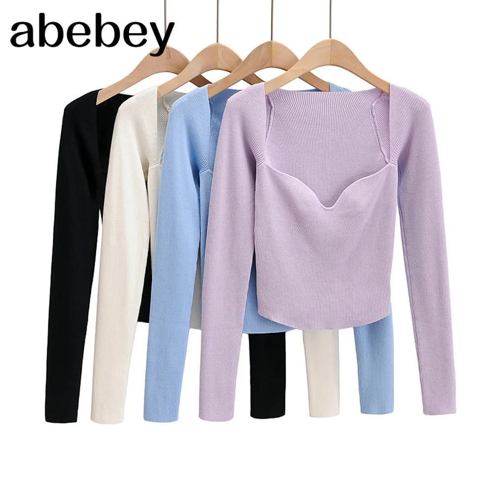 

2022 autumn women solid thin sweater long sleeve elegant office lady knitted jumper tops 4P2