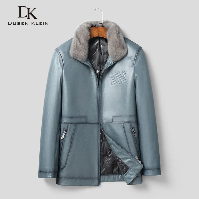 

Men Genuine Leather Down Coat Jacket Real Sheepskin Blue Casual Mink Fur Collar New Jacket for Man 21531