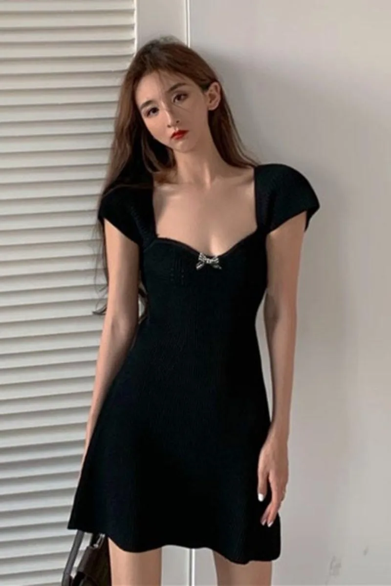 

Waist Slimming Summer Dress For Women Solid Color Bow Knit Short Skirt 2021 New Fashion Charm Temperament Y2k Clothing Wholesale