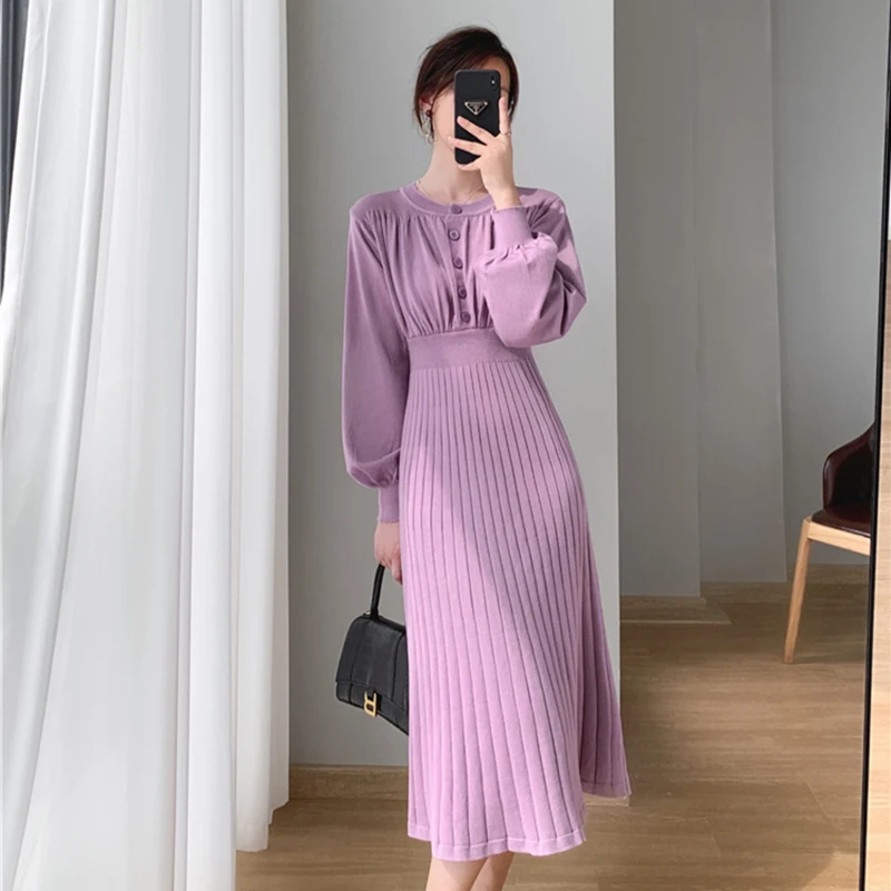 

2021 Winter Elegant Women Sweates Dress Warm Slim Waist Knitted Dress O-Neck Female Korean Pleated Long Purple Mid Calf office