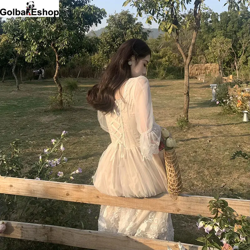 

Women Elegant Sweet Princess Bandage Fairy Dress French Retro Dress Ptchwork White Long Holiday Party Midi Dress Summer 2021 New