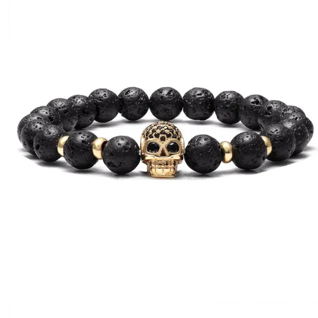 

8mm skull elastic gold silver copper cz zircon cubic zirconia beads bohemian Yoga Bracelet agate Onyx Stone Bangles 54t3s