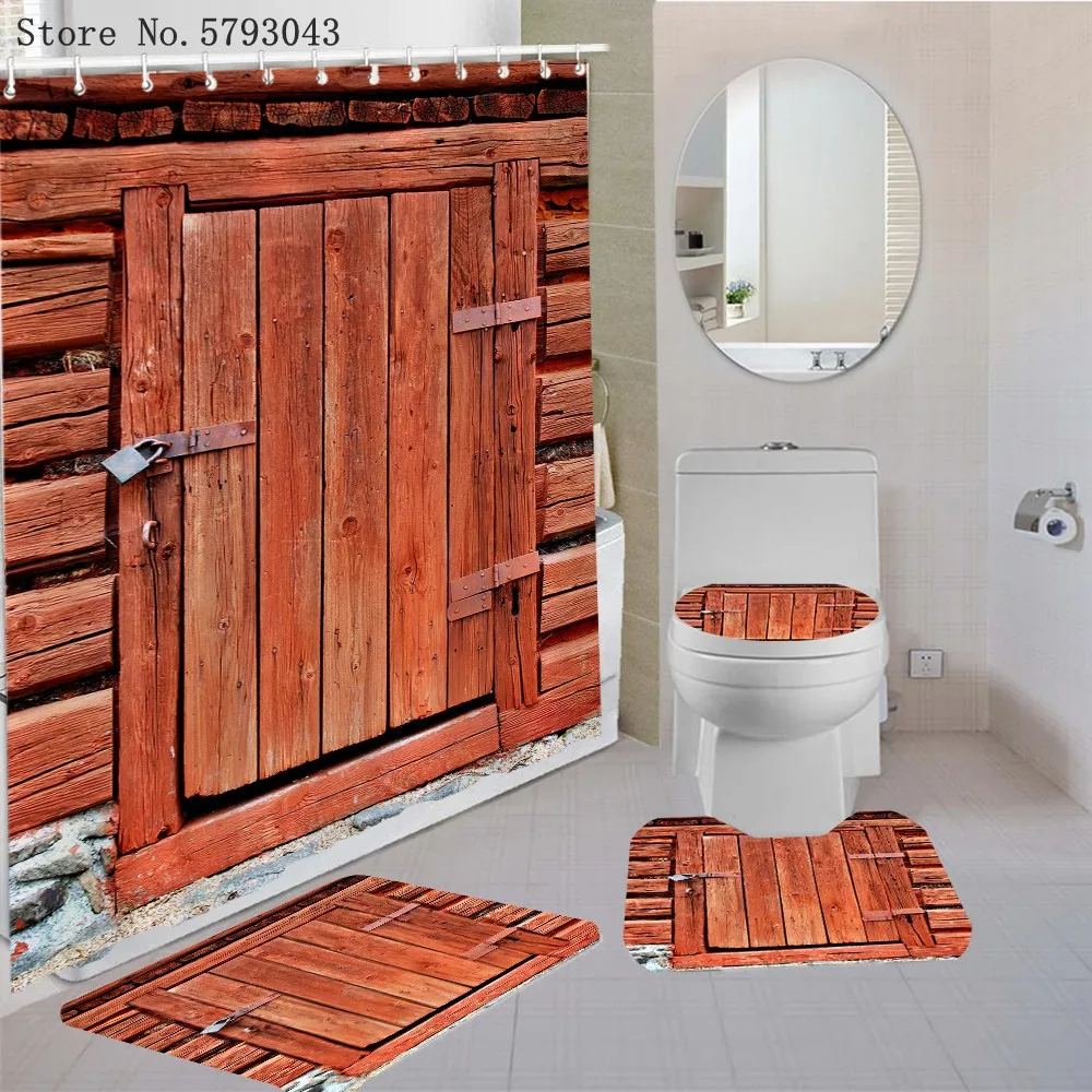 

3/4Pcs Wooden Door Bathroom Rug Set Vintage Art Architecture Lid Toilet Cover Bath Mat Farmhouse Wooden Door Shower Curtain Set