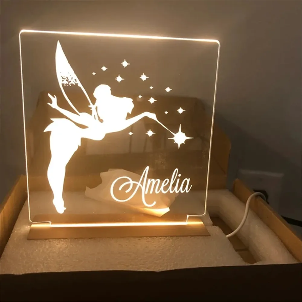 Персонализированная ночная лампа на USB с LED-подсветкой с животными, бабочками, единорогами, эльфами и динозаврами, из акрила, с индивидуальной гравировкой имён, для декорации дома детей.