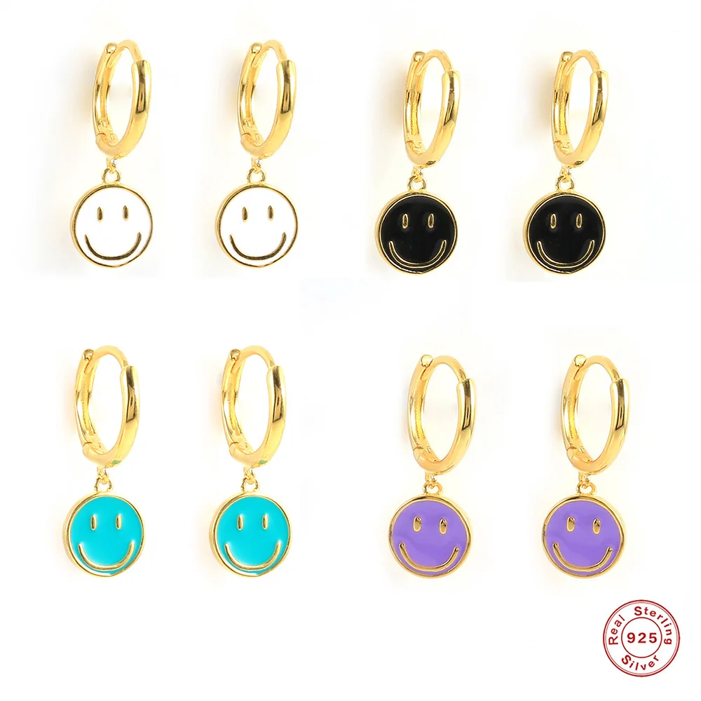 

925 Sterling Silver Enamel Colorful Smiley Drop Earrings for Women Gold Piercing Huggie Happy Face Fine Lucky Jewelry Gifts