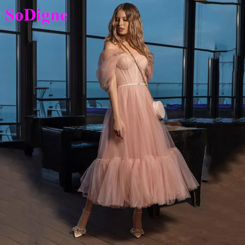 

SoDigne Pink Tulle Prom Dress 2021 Sweetheart Short Sleeves Evening Dresses Tea-Length A-Line Party Gowns Custom Made