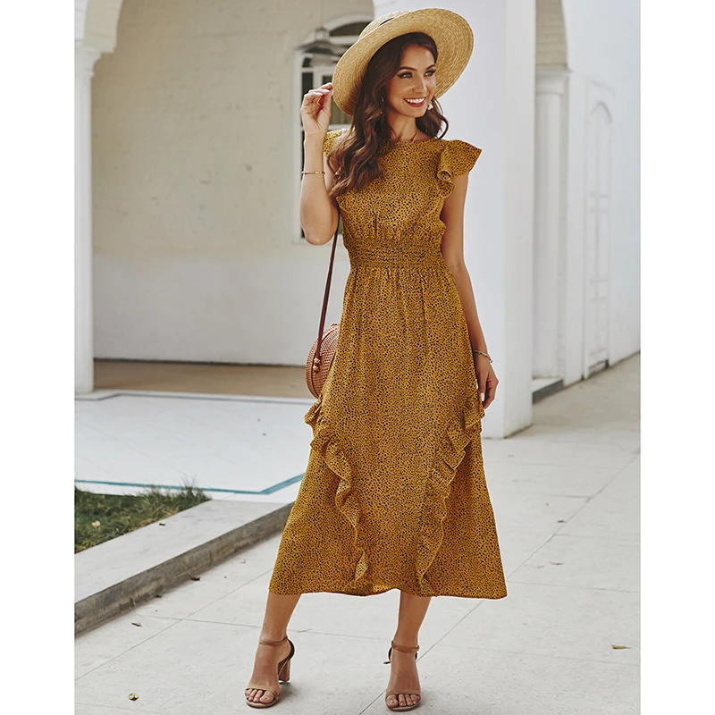 

Ruffle Long Print Dress Boho Petal Sleeve Fashion Summer Slim Sundress Robe Casual Elegant Bodycon Beach Vintage Dresses SJ5272C