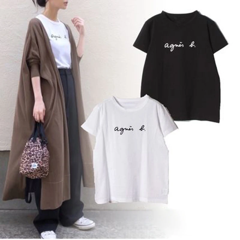 Женская футболка черного и белого цвета Однотонная с буквенным алфавитом