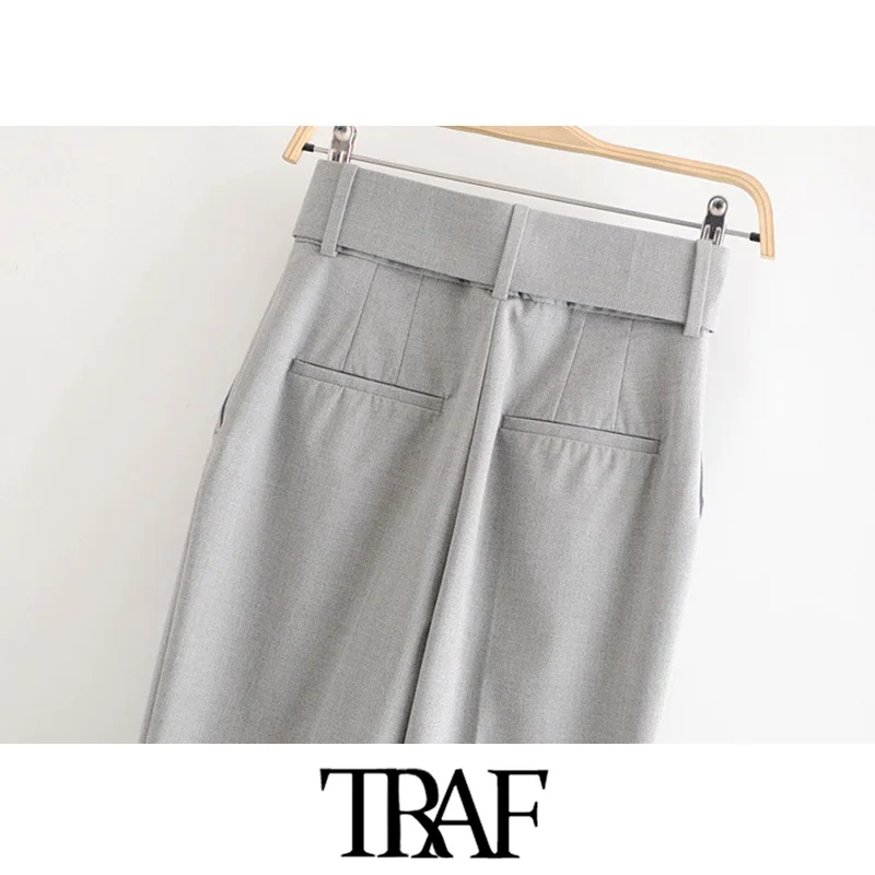 

TRAF Women Chic Fashion Office Wear With Belt Pants Vintage High Waist Pockets Female Ankle Trousers Pantalones Mujer