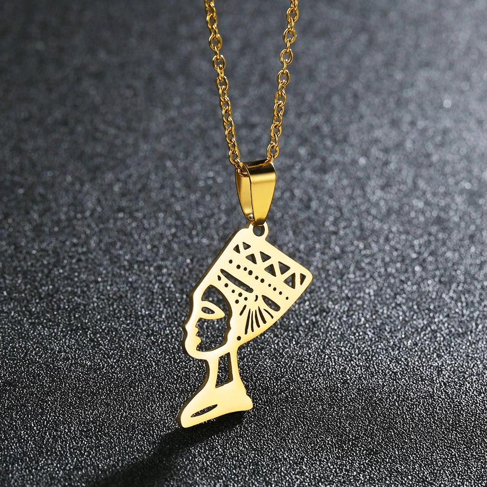 

Gold Color Fashion Ancient Egyptian Queen Pharaoh Hip-Hop Fatima Pendant Egypt Nefertiti Head Portrait Necklace Jewelry African