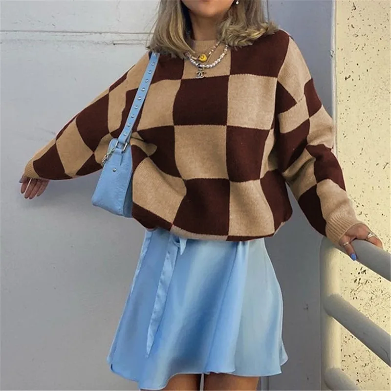 

Женский вязаный свитер в клетку, с длинным рукавом и круглым вырезом