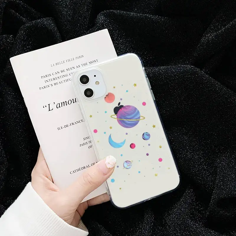 

Astronaut Space UFO Stars cute Phone Case Transparent for iPhone 6 7 8 11 12 s mini pro X XS XR MAX Plus cover funda shell