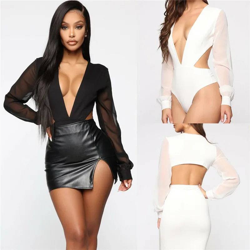 Комбинезон женский кружевной с длинным рукавом пикантный сетчатый ромпер