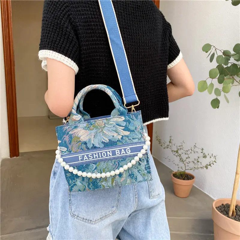 

Women's Shoulder Bag Square Vintage Flowers Plaid Pearl Chain Luxury Crossbody Handbags Wholesale 2022 New Fashion Female Bags