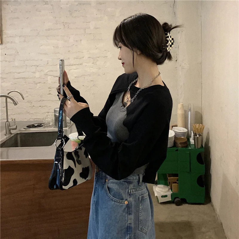 Новинка осени 2021 Модный трикотажный топ свободного кроя с длинным рукавом |