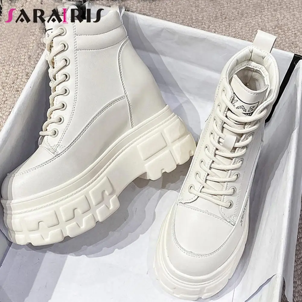 

SaraIris New Arrivals Female Motorcycle Boots Height Increasing Black Lace Up Thick Heel Platfrom women's Boots Casual Fashion