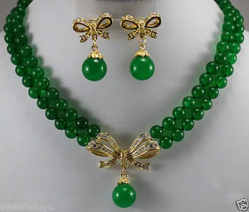 

Ювелирные изделия 001193 2 ряда 8 мм зеленый нефрит ожерелье + серьги с цветочным кулоном