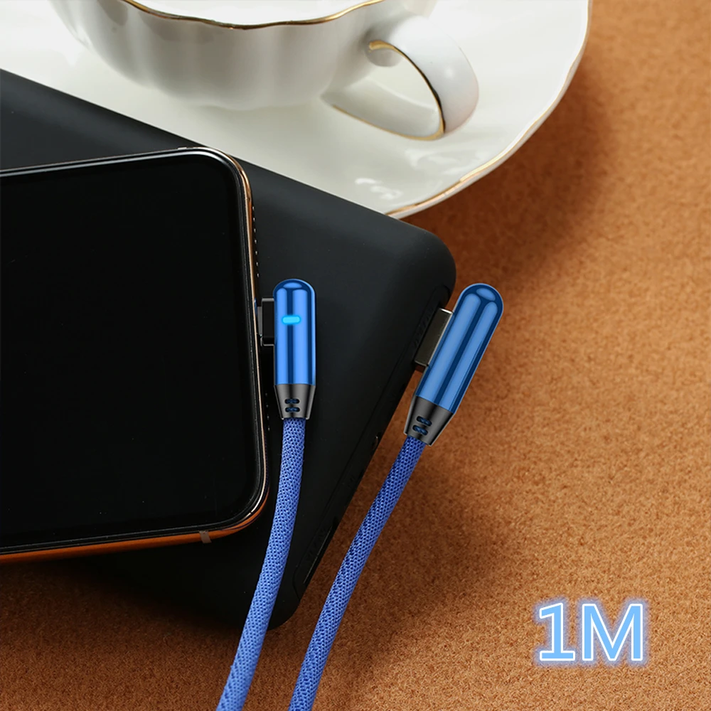 Светодиодный кабель usb type C на 90 градусов для iPhone Micro Quick Charge USB-C кабель для Xiaomi Redmi Note 7 для samsung S10 A50 Tipe-C - Цвет: 1M Blue