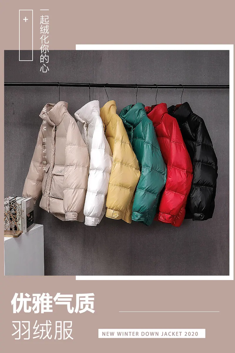 

Women Winter Parkas Pure Color Stand Collar 2020 Autumn Long Sleeve Outwear White Duck Down Coat Casual Bread Jackets Loose