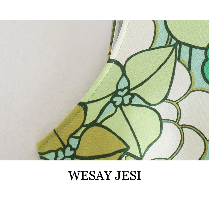 

WESAY JESI 2021 Summer Retro Print Dress Female Waist Hollow Button Tight Mini Skirt Casual Beach Fashion Sleeveless Sexy Dress