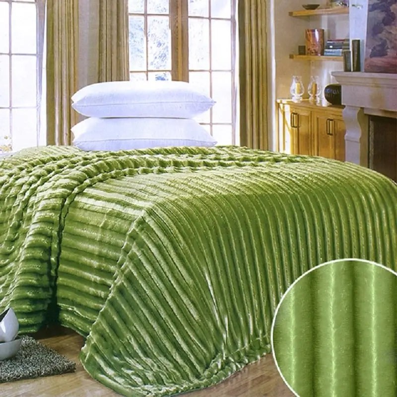 Покрывало плед меховое на диван кровать Полоски зеленое tk-130-041 | Дом и сад