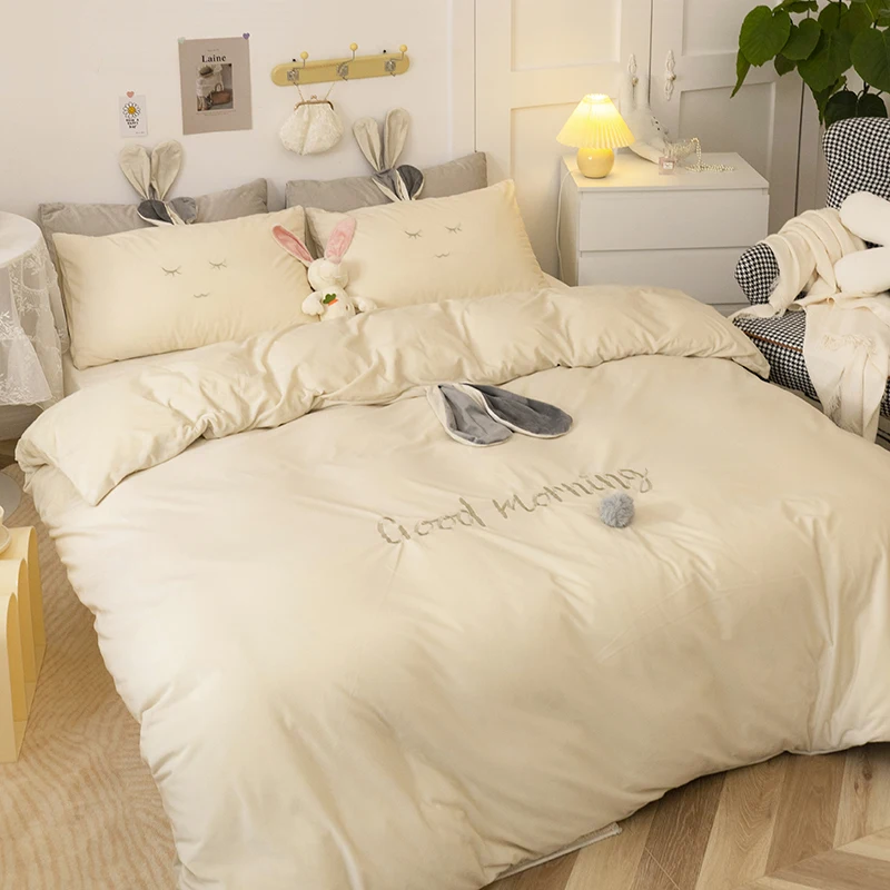 

Princess Girls Bedding Set Velvet Duvet Cover Winter Warm Bedroom Set Queen King Bunny Ears Crystal Velvet Quilt Cover for Home