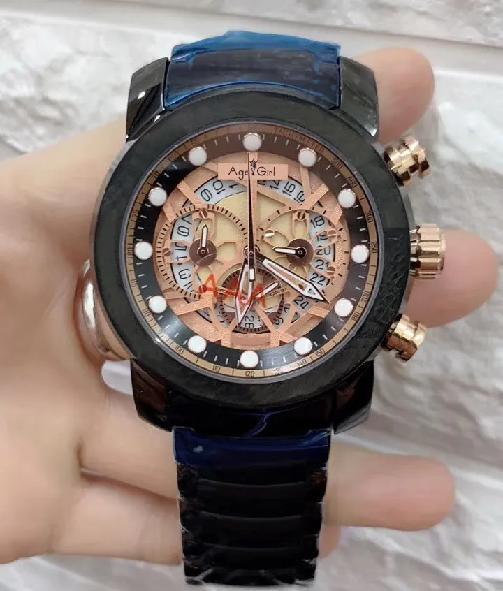 Black Rose Gold Роскошные брендовые Новые мужские Хронограф Сапфир из нержавеющей стали желтый золотой серебряный черный синий светящийся Скелет водонепроницаемые спортивные часы - Цвет: Black Rose Gold