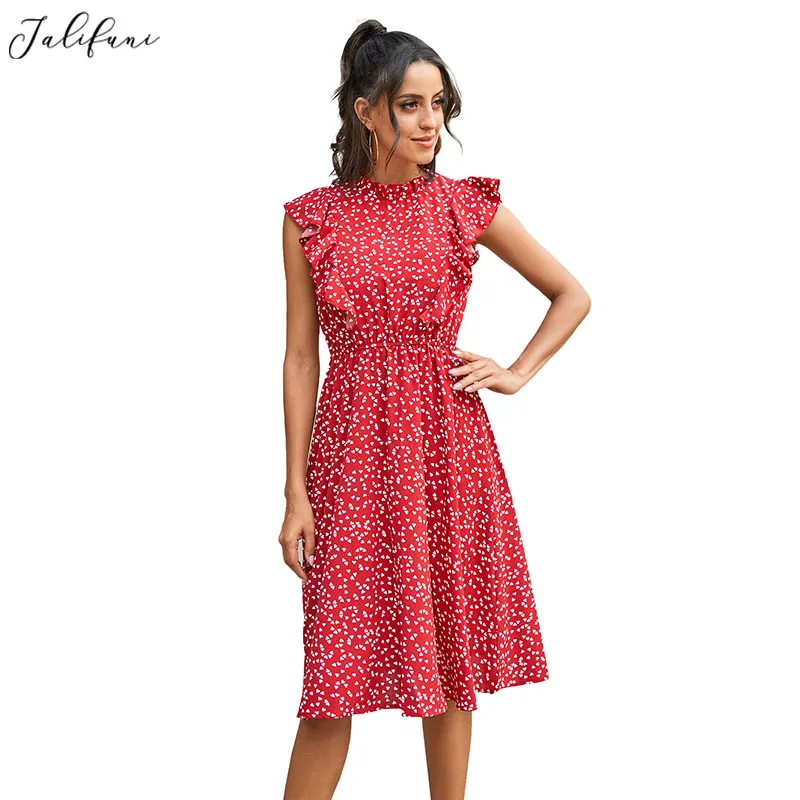 Платье женское шифоновое с принтом в горошек повседневное красное платье миди