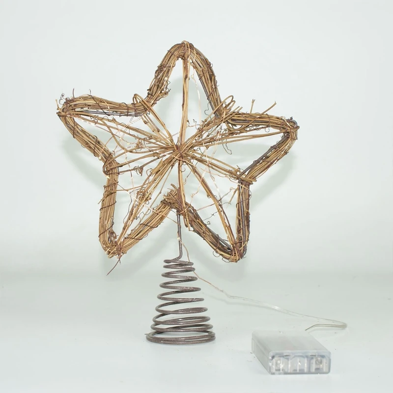 

Christmas Tree Topper 12 Inch Rattan Star with Warm White Lights Battery Operated Rustic Farmhouse Treetop Lamp Decor