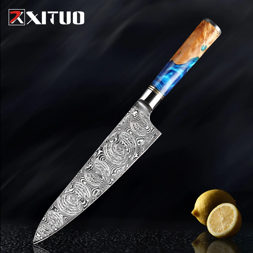 XITUO Kitchen Damascus Steel VG10 Chef Knife Cleaver Paring Bread Knife Blue Resin Color Wood Handle Cooking Tool Cozinha Cocina