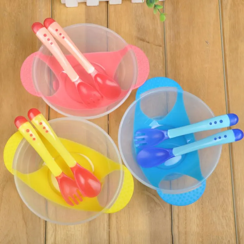 

Bobora 2Pcs/set Baby Learning Dishes With Suction Cup Kids Safety Dinnerware Set Assist Bowl Temperature Sensing Spoon