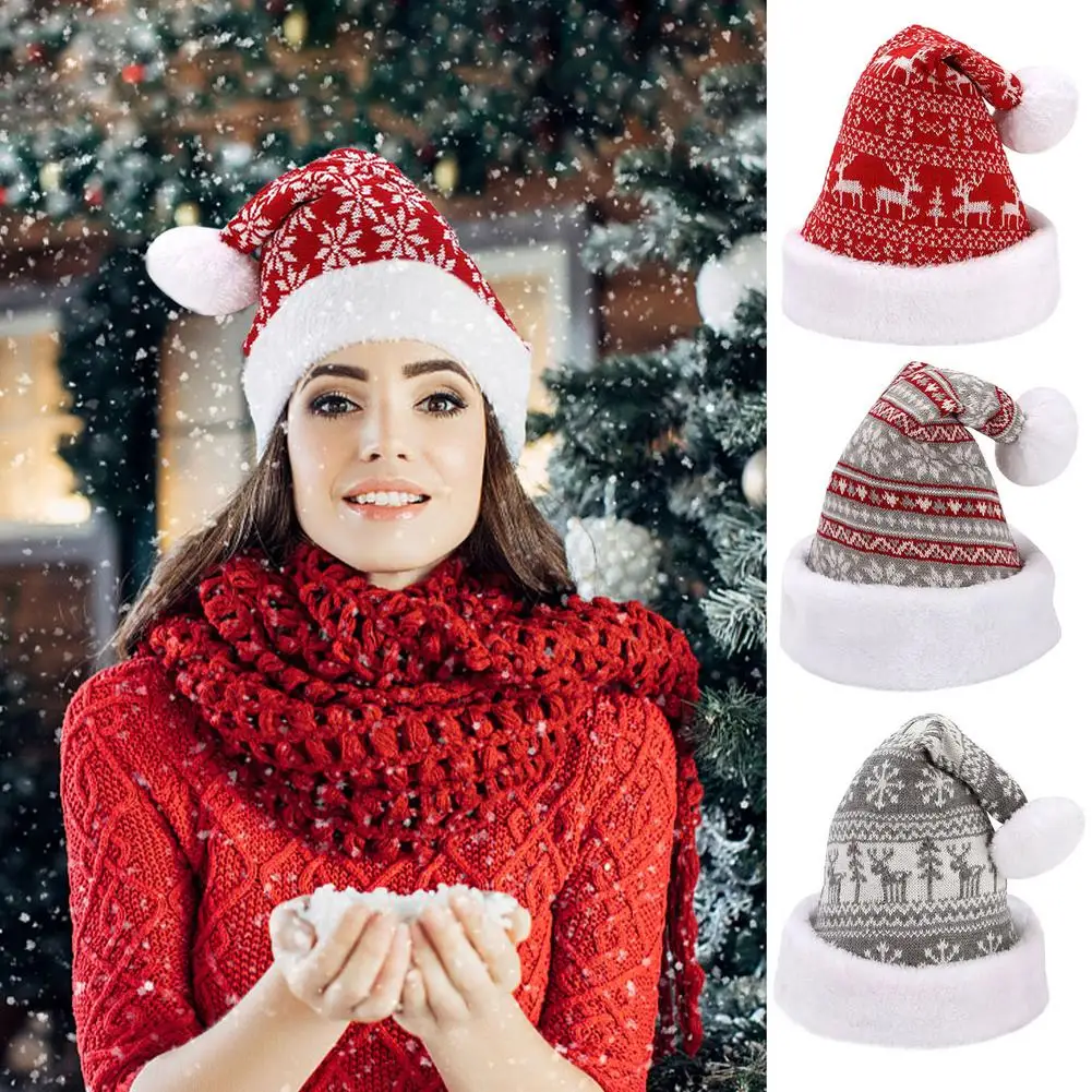 

Elegant Christmas Hat Snowflake Deer Knitted Woolen Flannel Soft Warm Christmas Hat Adult Natal Navidad Natale Hat Xmas Gift