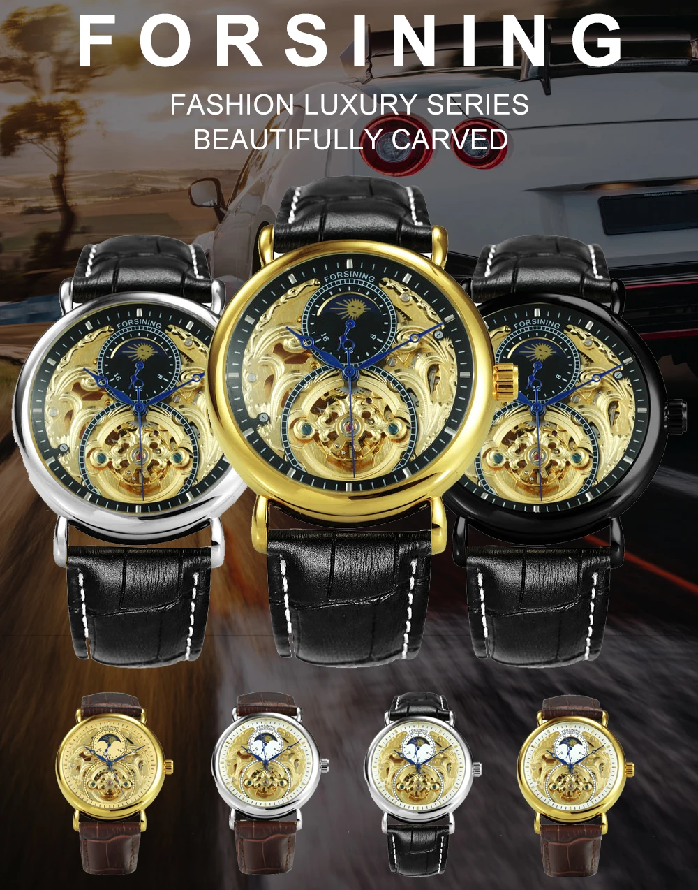 Часы наручные FORSINING мужские автоматические люксовые брендовые золотистые с