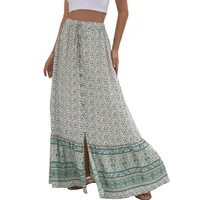 summer women new high waist print skirt loose casual female ankle length skirt with button