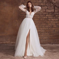 fashion side slit a line lace wedding dresses long sleeve sexy v neck sweep traintulle white bridal gowns robe de mari%c3%a9e