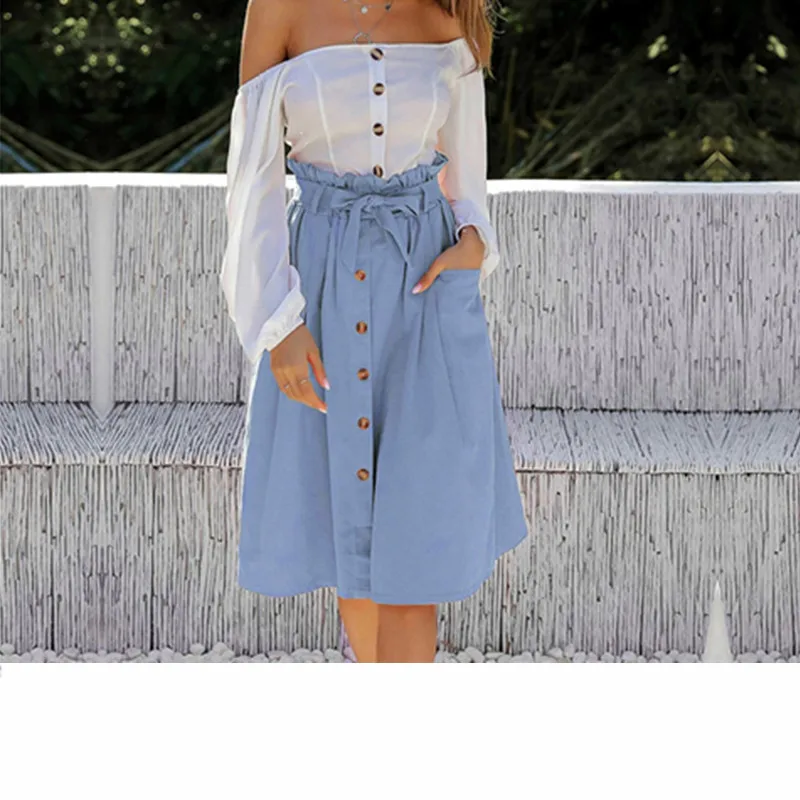 Fashion Women Casual Skirt Frily Ruffles High Waist Skirts For Woman Button Design Solid Color Bowknot Plus Size | Женская одежда