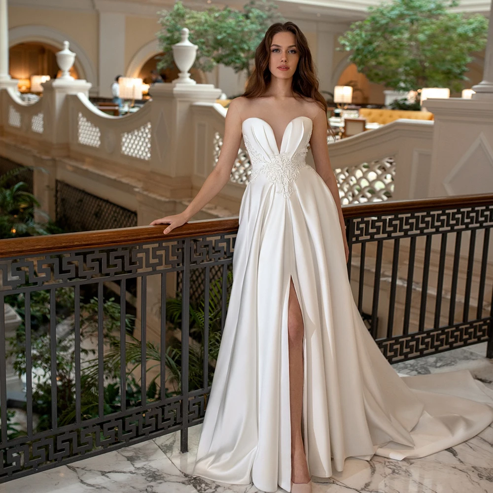 

Satin Elegant Wedding Dresses 2021 Sweetheart Appliques Lace Vintage A-Line Princess Side Split Custom Bride Gown robe de mariée
