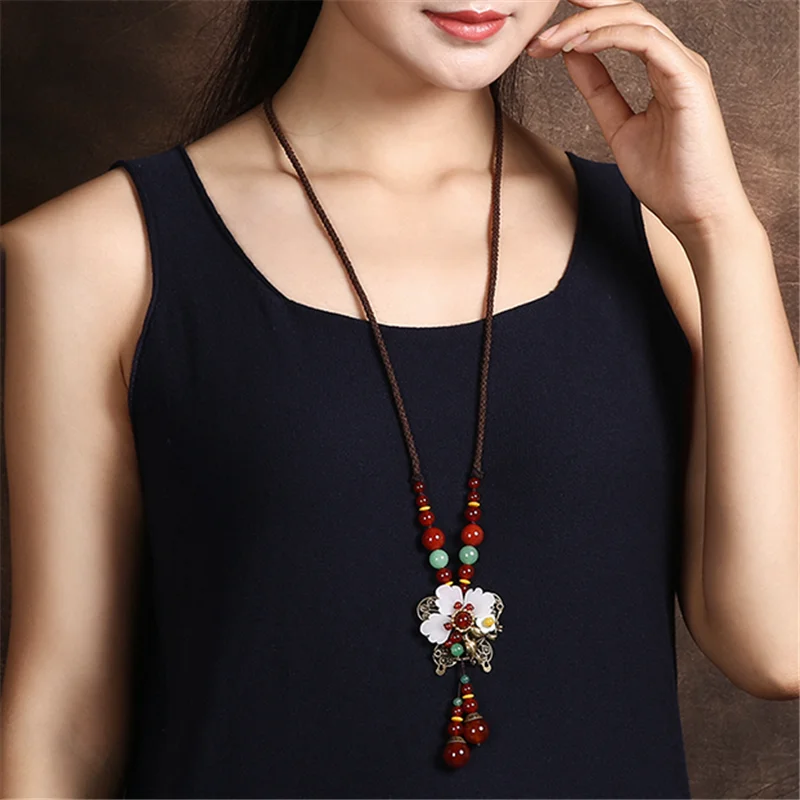 

Long Pendants Beads Necklace Shell Flowers Crystal Ethnic Exotic Handmade Cheongsam Clothes Pendant For Women Jewelry