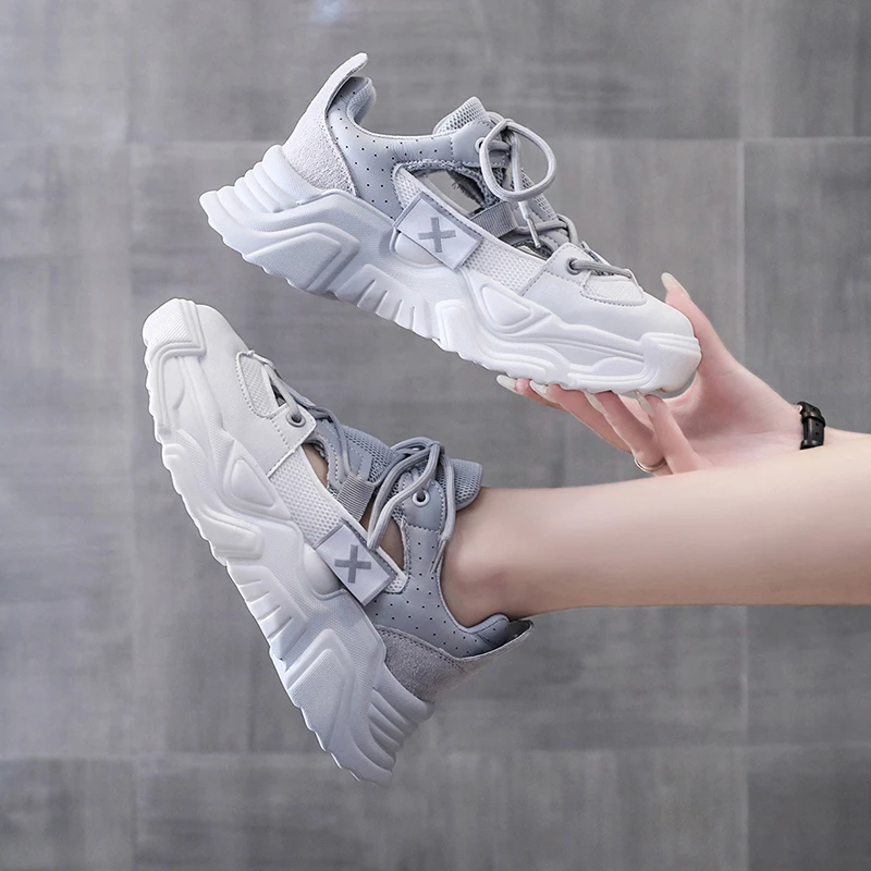 

Women's Sports Shoes Fashion Women's Sneakers 2021 Hollow Breathable Color Matching Thick Sole Running Casual Shoe Woman Lace-up