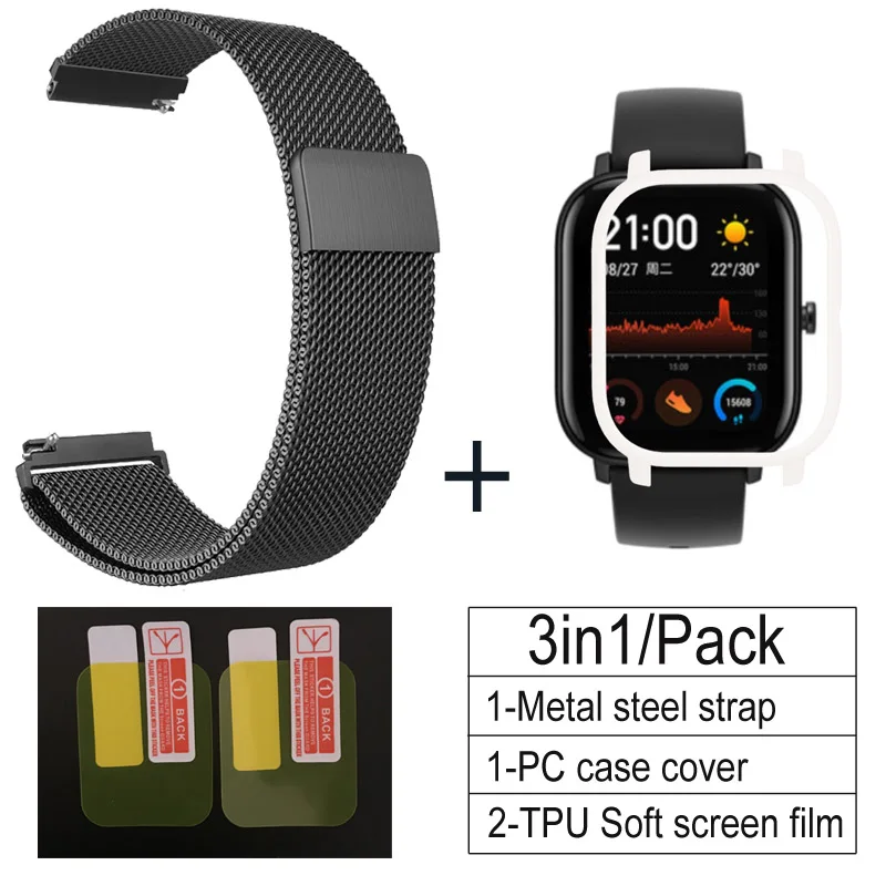 black-white 3 в 1 Аксессуары для Amazfit GTS ремешок с чехол металлический Миланский Браслет для Huami Amazfit GTS Band Защитная пленка для экрана - Цвет: black-white