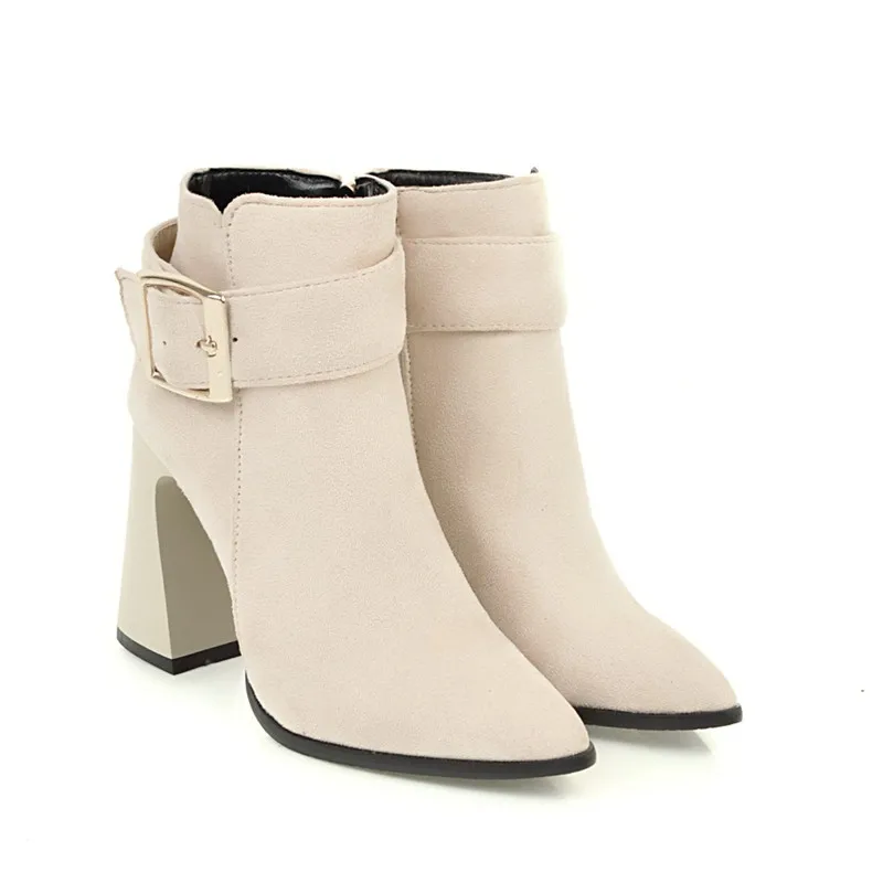 Обувь на молнии женские ботильоны полусапожки с пряжкой высоком каблуке меху для