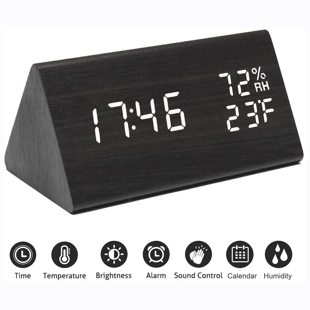 

Треугольный деревянный электронный дисплей температуры и влажности, 3 настройки будильника, светодиодный цифровой будильник для офисного ...