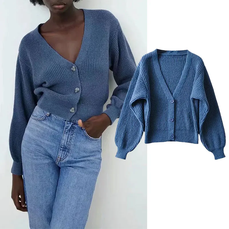 

Женский свитер Za, осень 2021, синяя приталенная одежда с V-образным вырезом, короткая куртка, модный винтажный вязаный женский Кардиган с длинн...