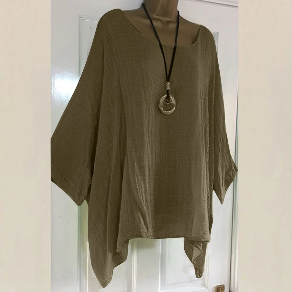 Льняная свободная футболка для женщин однотонные рубашки с длинным рукавом